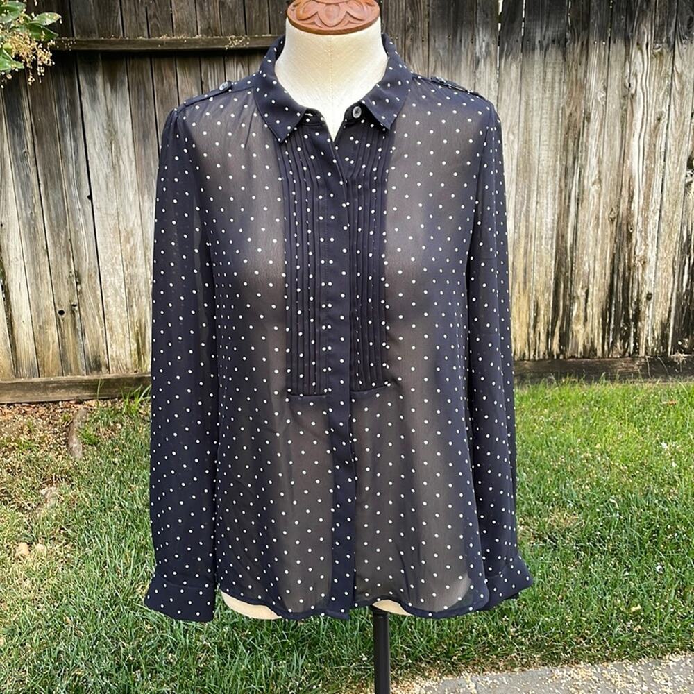 Halogen Sheer Long Sleeve Black & White Polka Dot Blouse Women's Size Small